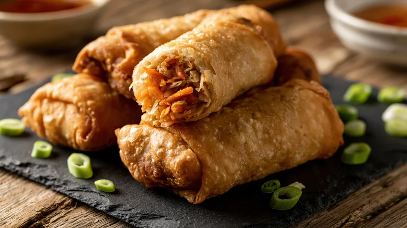Crispy fried spring rolls piled on a dark slate board with green onions scattered around