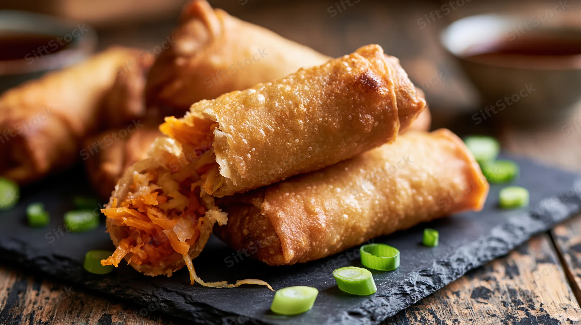 Crispy fried spring rolls piled on a dark slate board with green onions and dipping sauce
