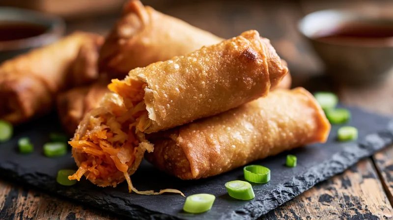 Crispy fried spring rolls piled on a dark slate board with green onions and dipping sauce