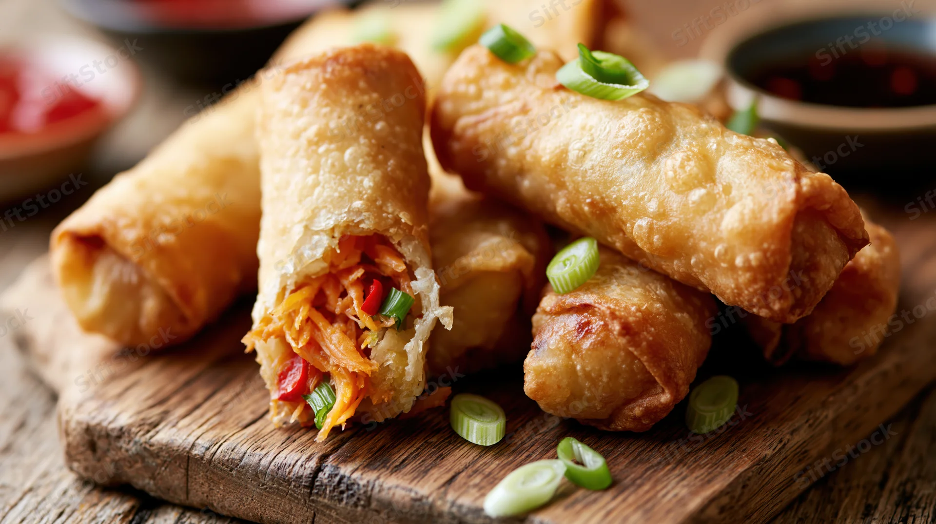 Golden fried spring rolls piled on a rustic wooden cutting board with green onions and dipping sauces
