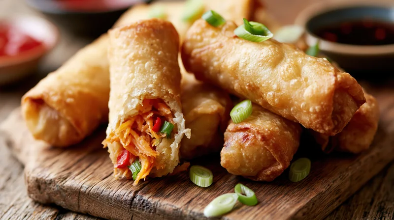 Golden fried spring rolls piled on a rustic wooden cutting board with green onions and dipping sauces