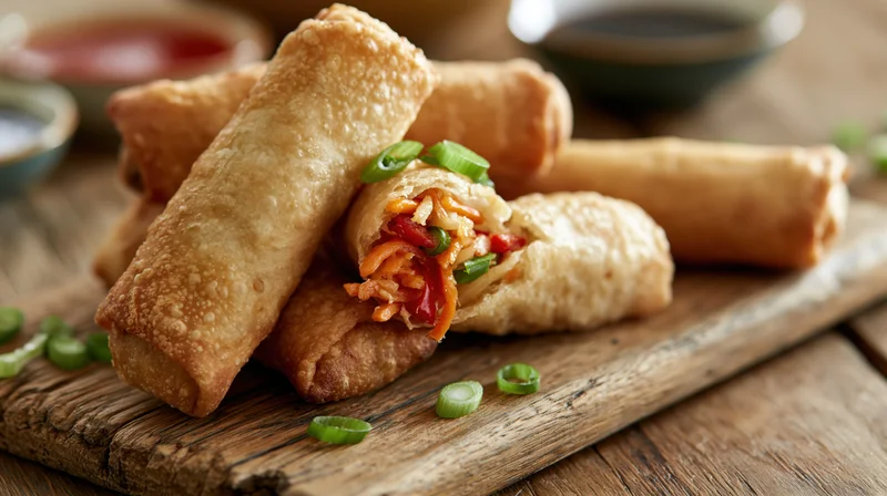 Golden fried spring rolls piled on a wooden cutting board with green onions and dipping sauces