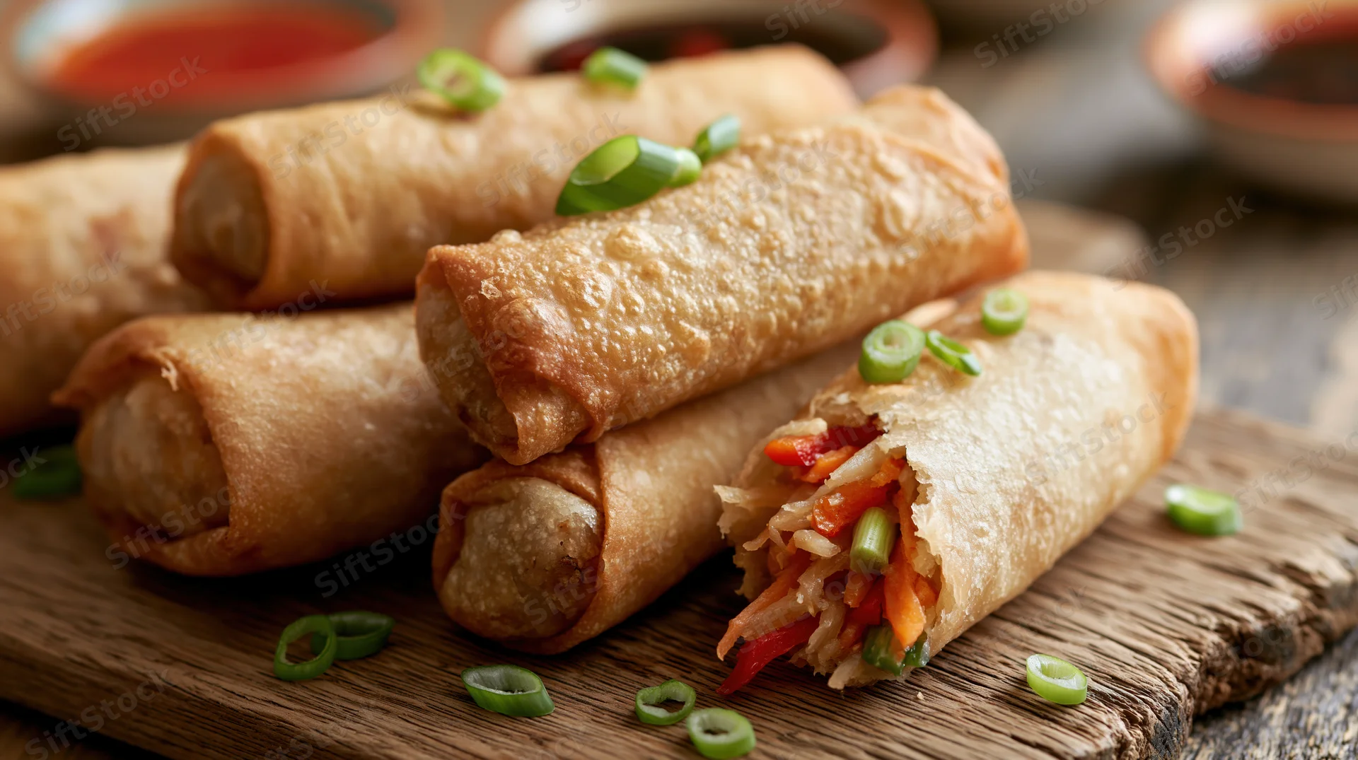 Golden fried spring rolls piled on a rustic wooden cutting board with one cut open to show vegetable filling and garnished with green onions