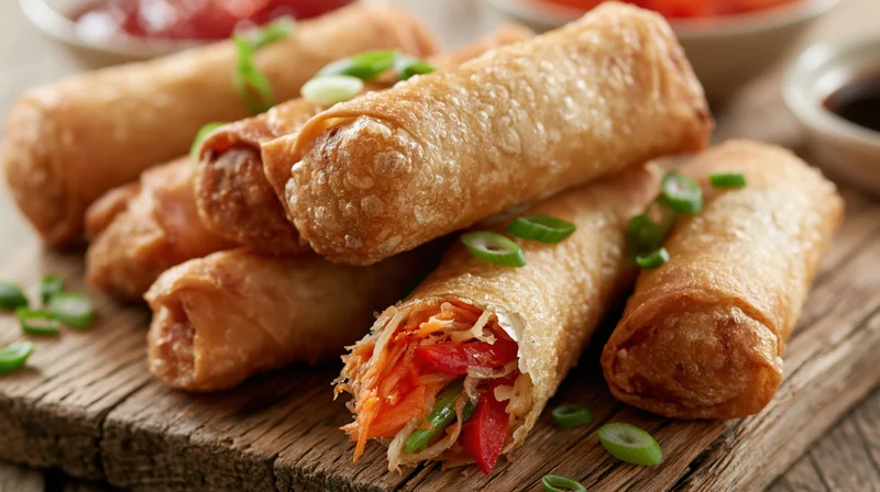 Golden fried spring rolls piled on a rustic wooden board with green onion garnish and visible vegetable filling