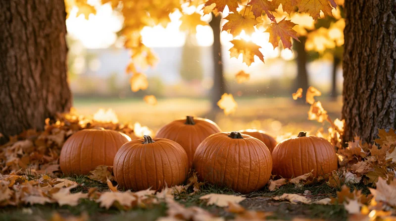 Pumpkins arranged on leaf-covered ground between trees in autumn sunlight