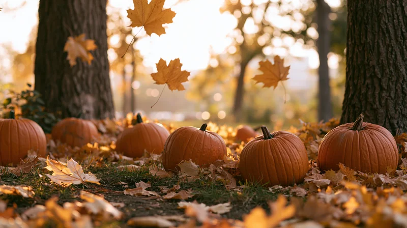 Pumpkins resting on leaf-covered ground in a forest during autumn