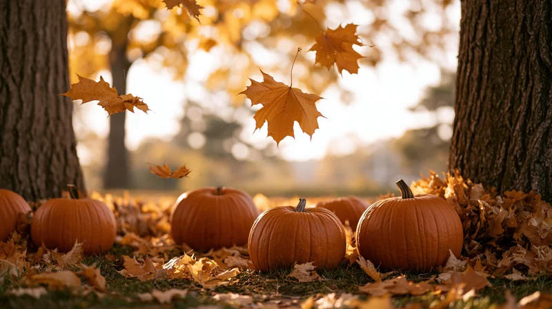 Pumpkins arranged on leaf-covered ground between trees in autumn forest