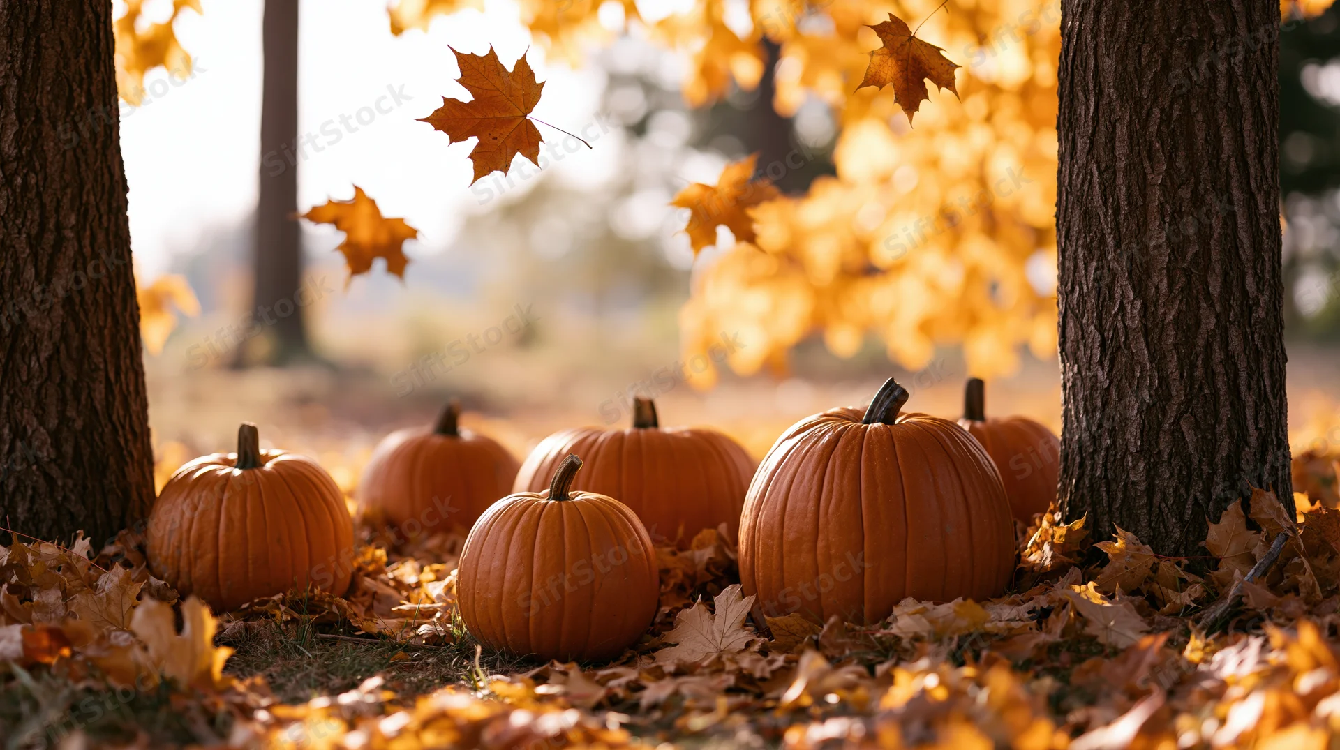 Pumpkins arranged on leaf-covered ground in a forest during autumn