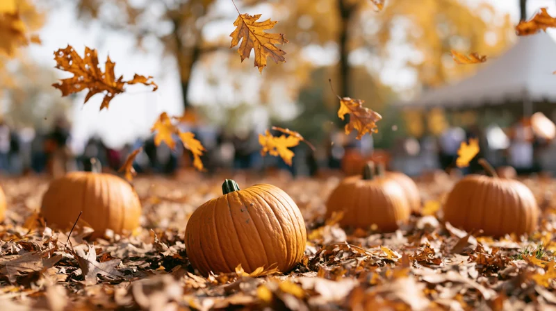Pumpkins resting on a carpet of fallen leaves in an autumn park with people and trees in the background