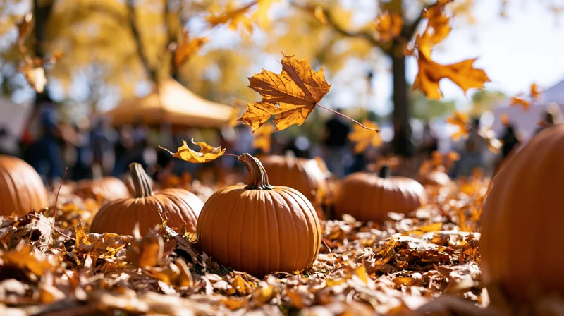Pumpkins resting on a carpet of fallen autumn leaves at an outdoor harvest festival