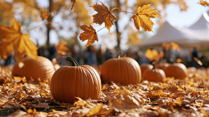 Pumpkins resting on a carpet of fallen autumn leaves in an outdoor setting