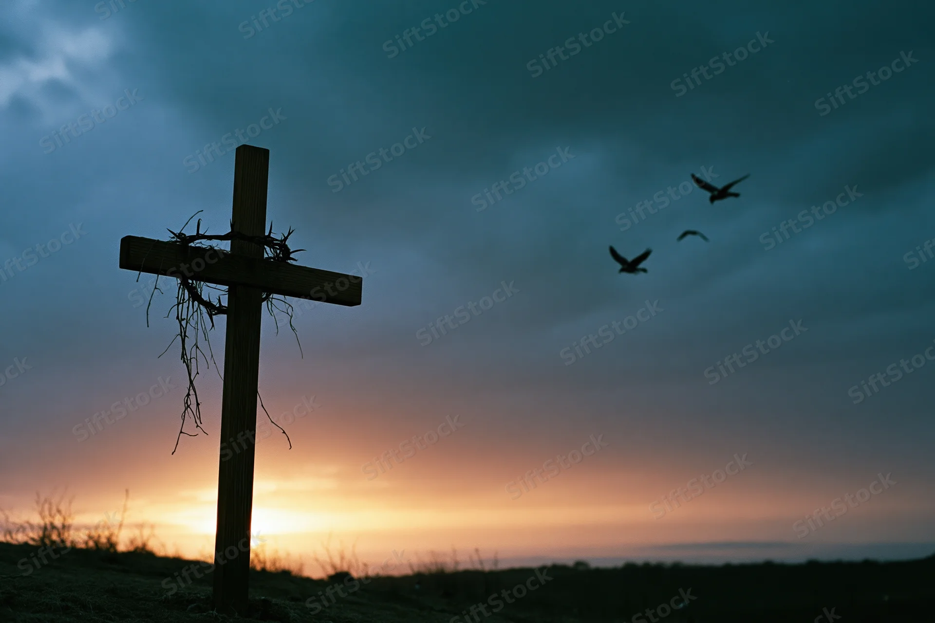 Silhouette of a wooden christian cross with crown of thorns at sunset on a hill, birds flying in the sky