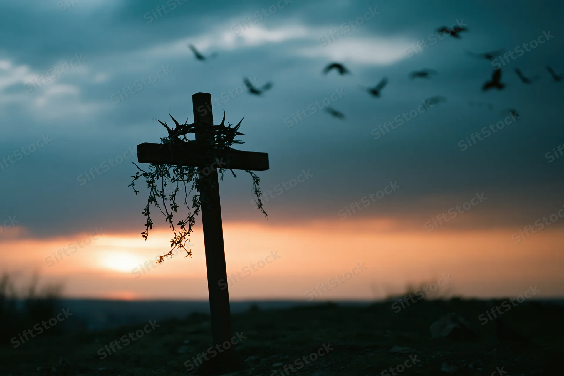 Silhouette of a wooden christian cross with a crown of thorns at sunset on a hill