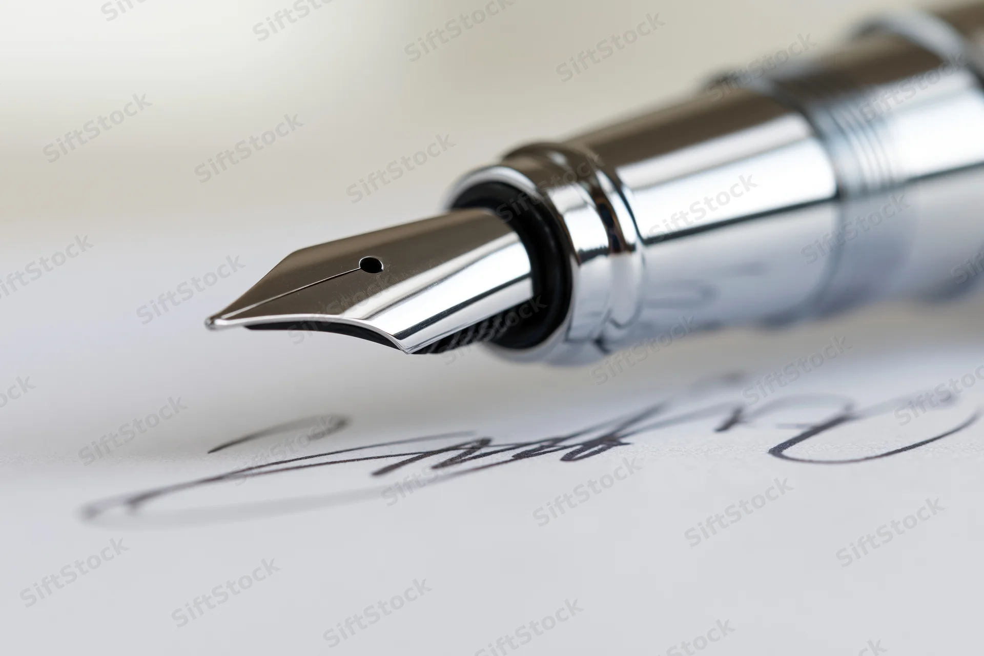 Silver fountain pen nib writing cursive signature on white paper