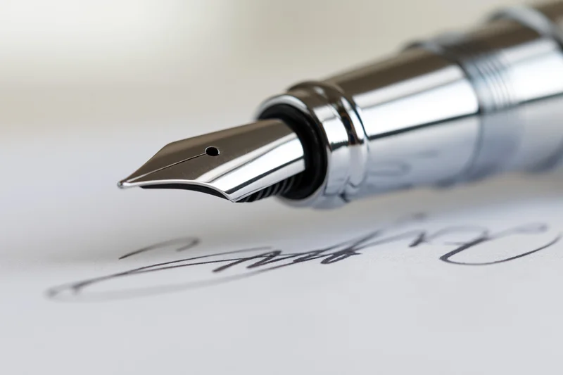 Silver fountain pen nib writing cursive signature on white paper