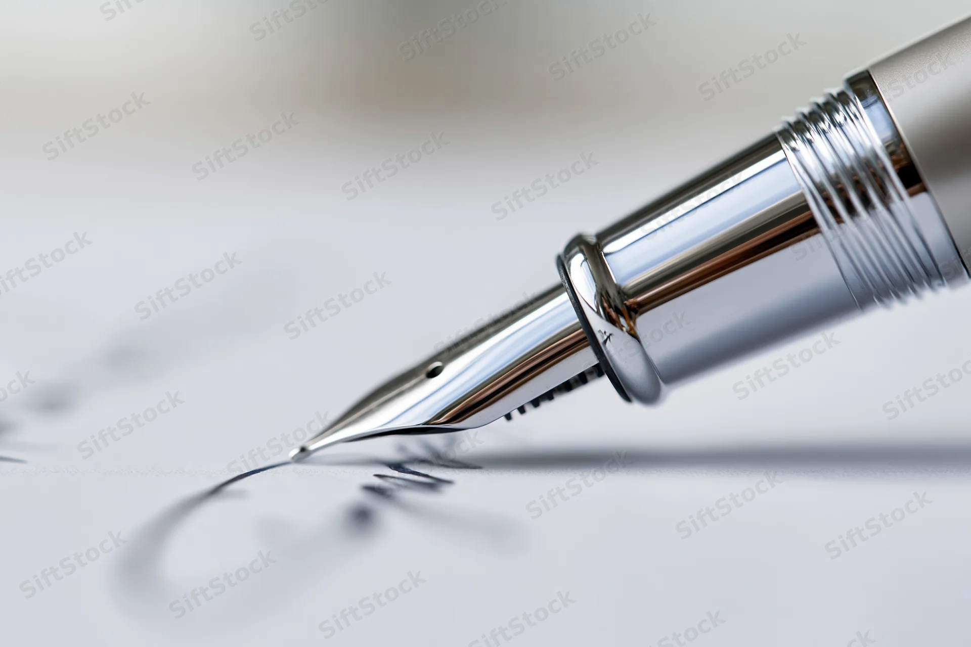 Silver fountain pen nib writing cursive script on white paper