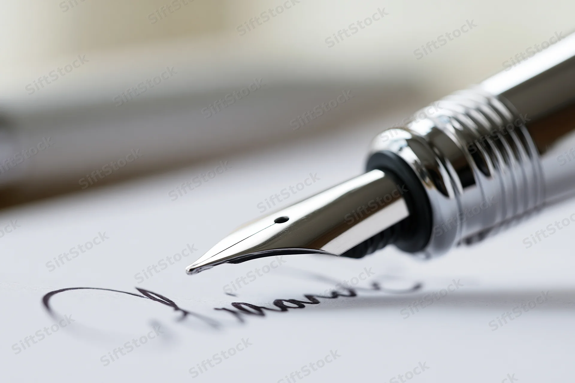 Silver fountain pen nib writing a signature on white paper