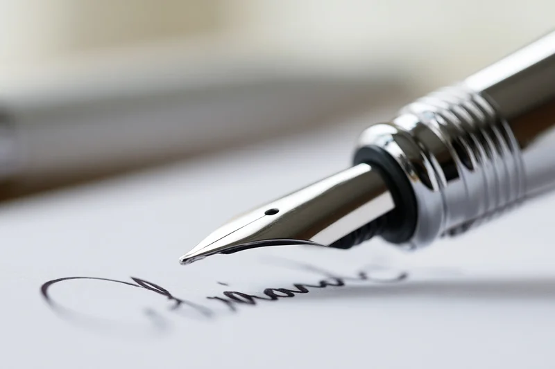 Silver fountain pen nib writing a signature on white paper