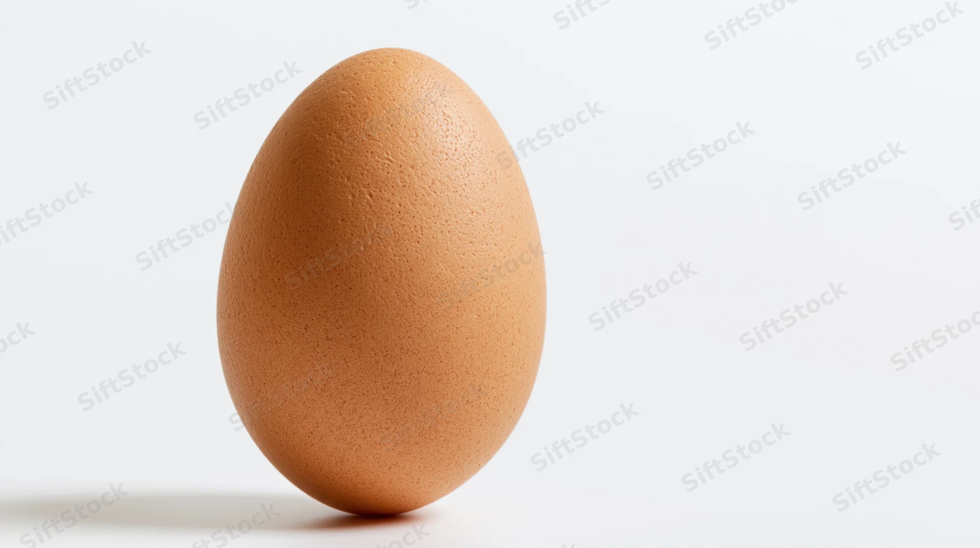 Single brown chicken egg standing upright on a white surface