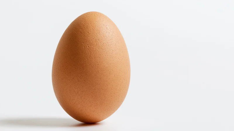 Single brown chicken egg standing upright on a white surface