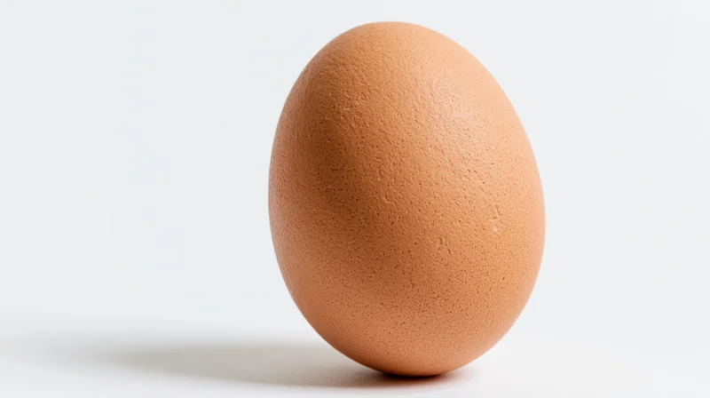 Single brown chicken egg standing upright on a white surface