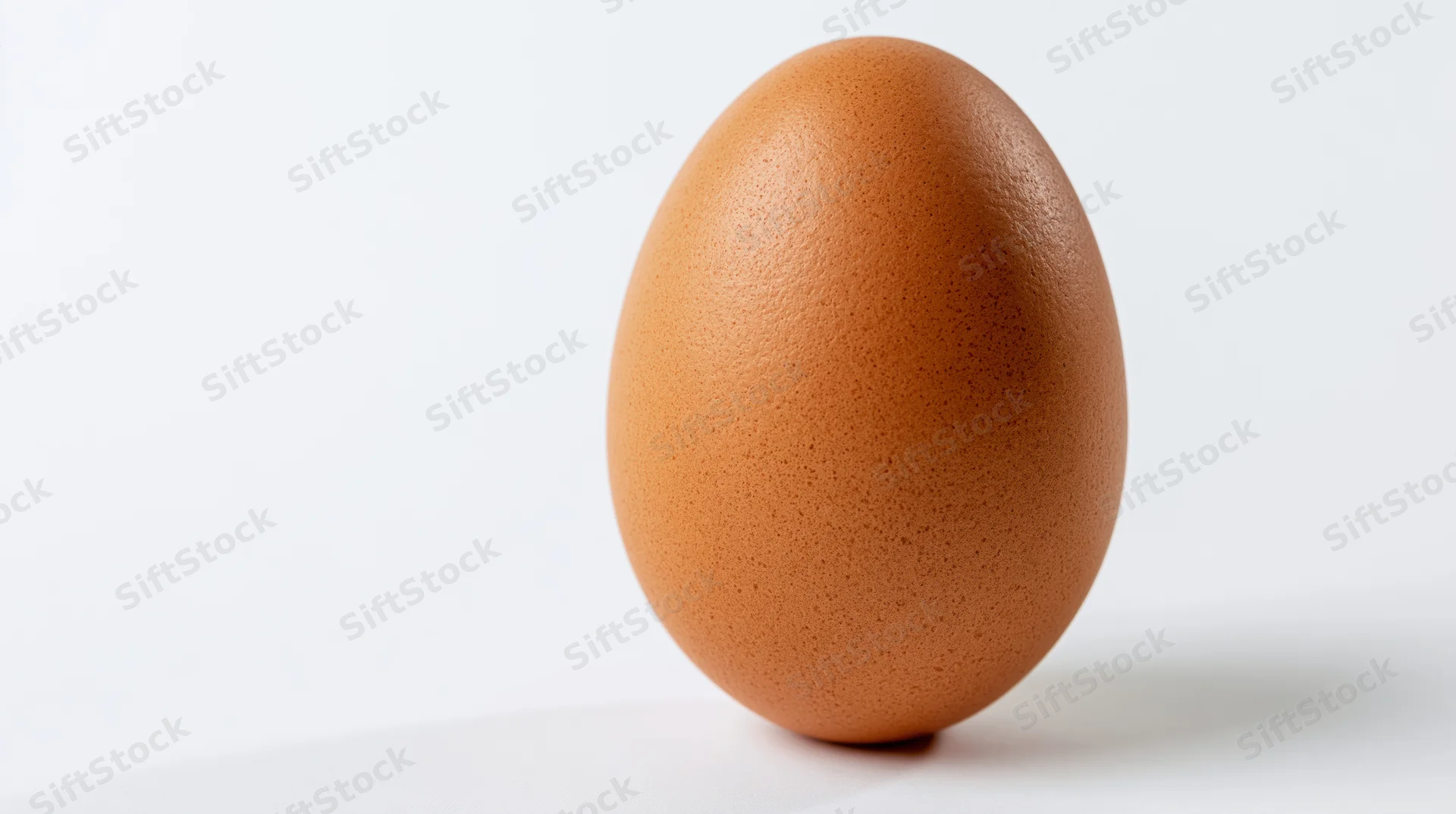 Single brown chicken egg standing upright on a white surface