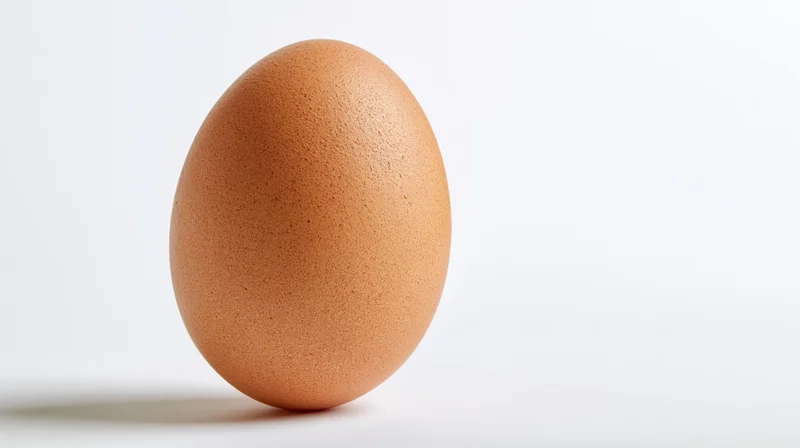 Single brown chicken egg standing upright on a white surface