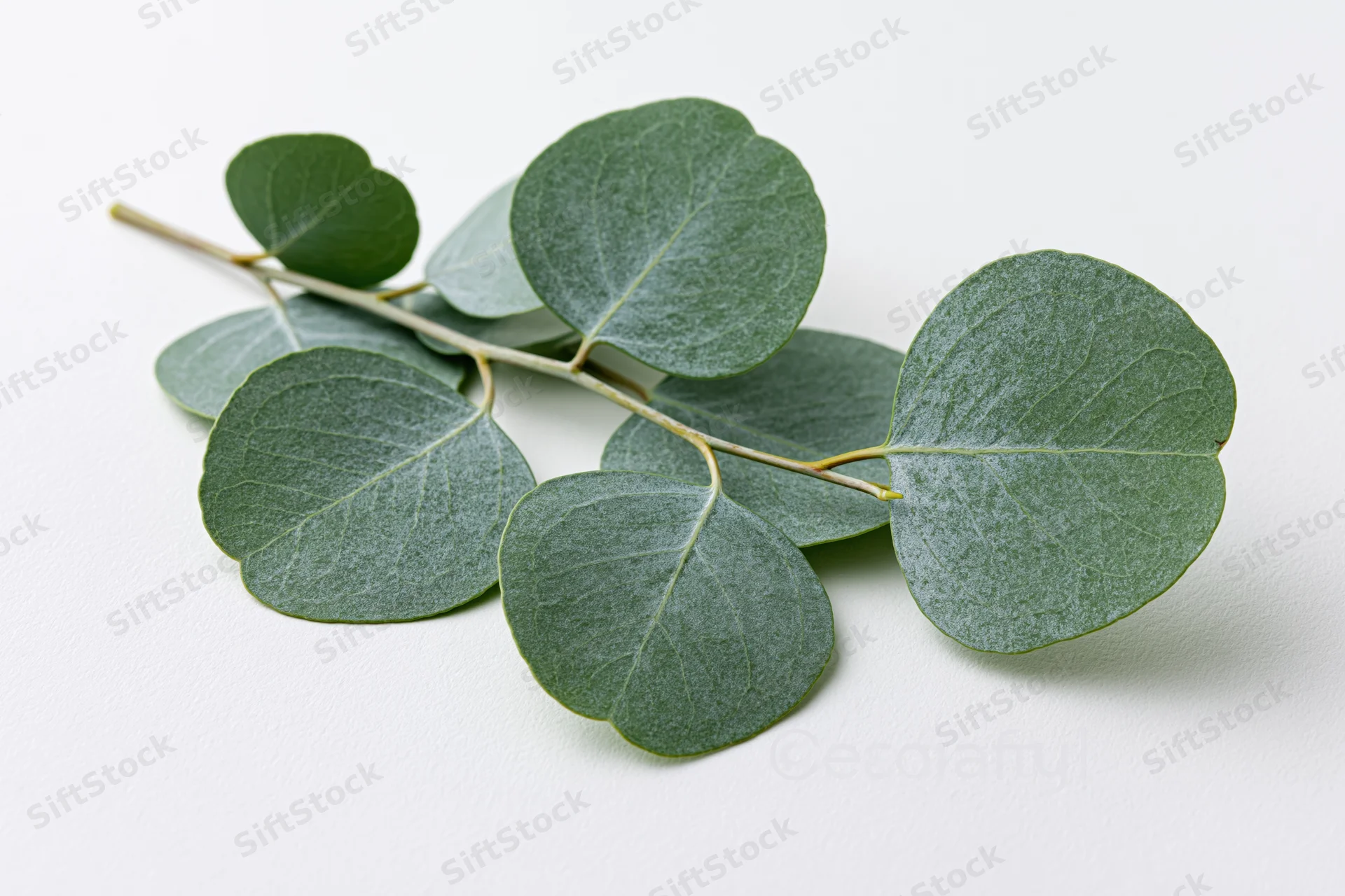 Eucalyptus branch with round silver-dollar leaves arranged on white background