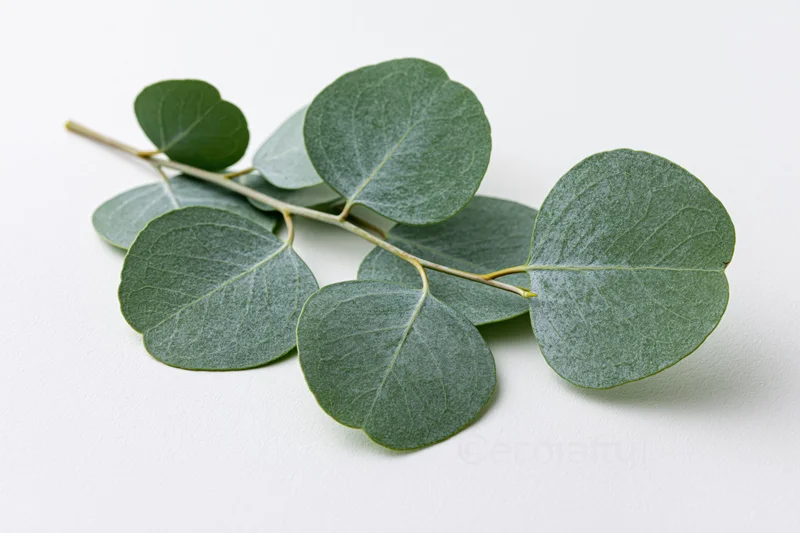 Eucalyptus branch with round silver-dollar leaves arranged on white background