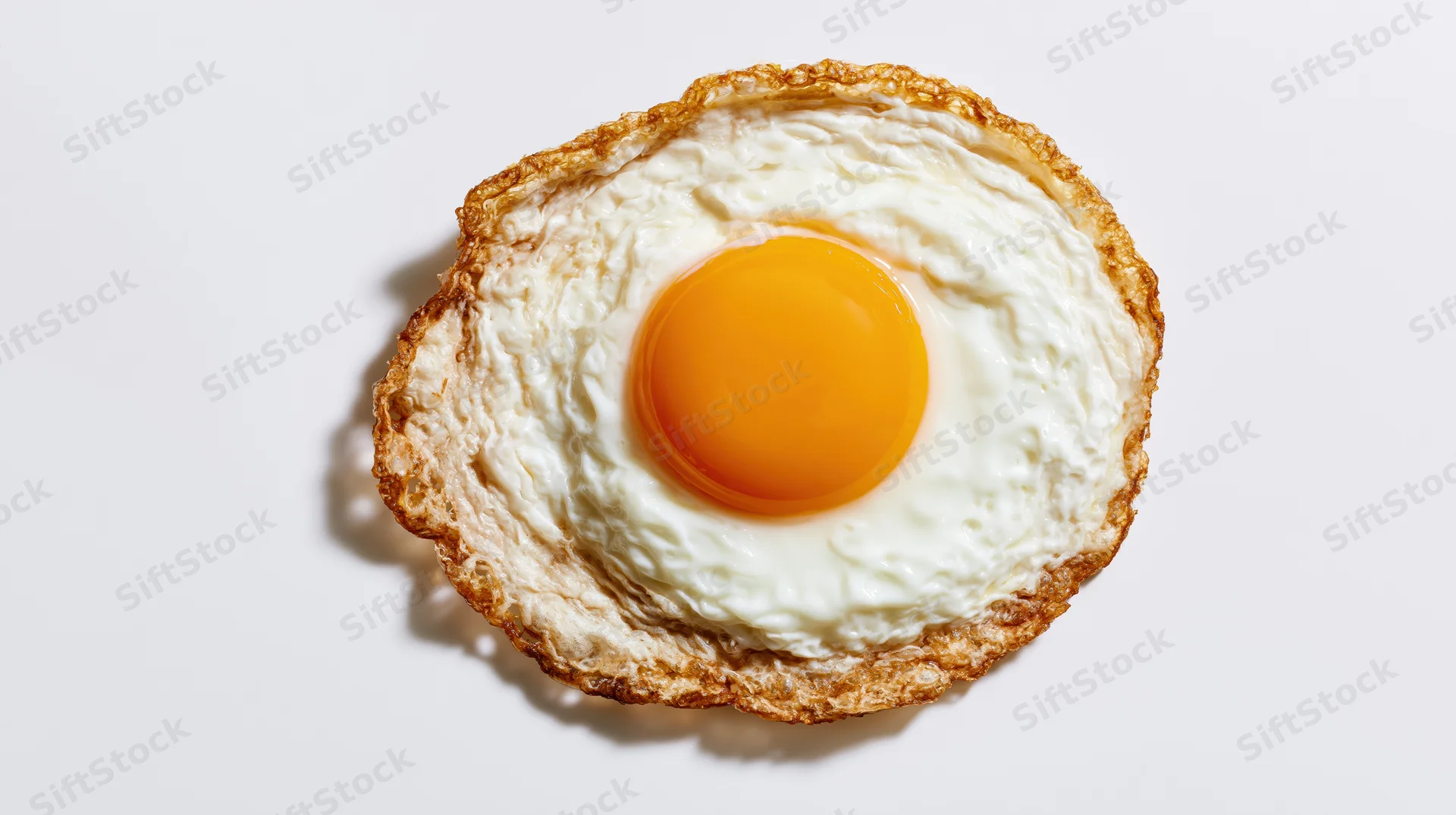 Single fried egg viewed from directly above on a clean white surface