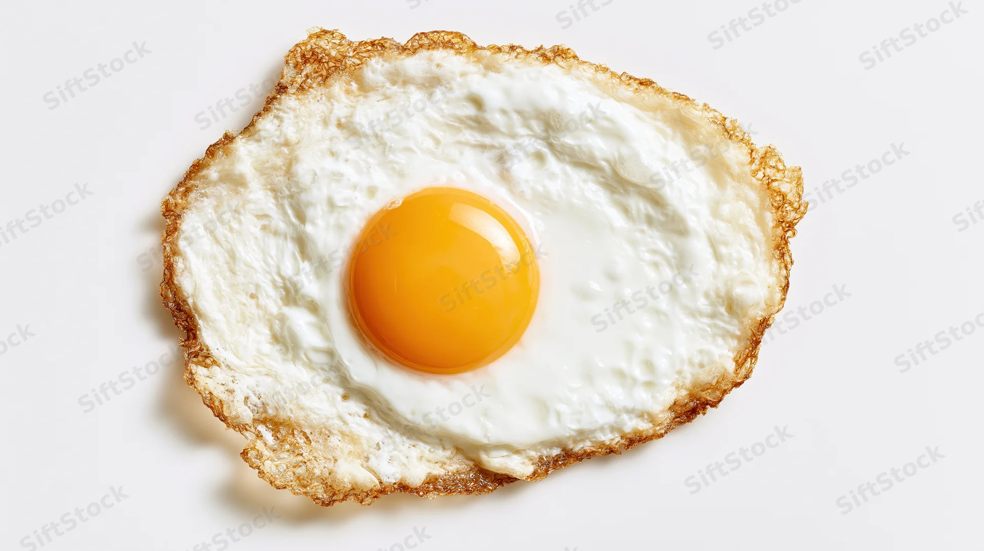 Single fried egg with runny yolk and crispy edges viewed from above on a clean white surface