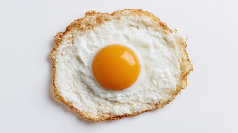 Single fried egg with runny yolk centered on white background
