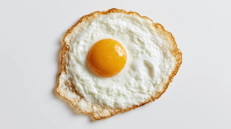 Single fried egg viewed from above on a white surface