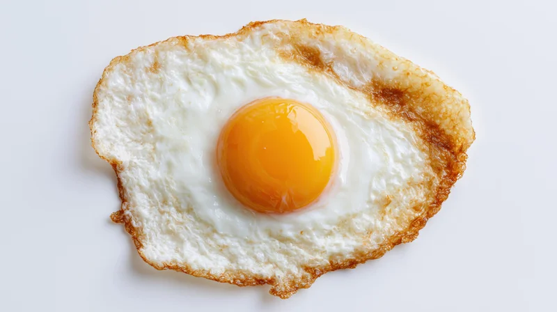Single fried egg with runny yolk viewed from above on white surface