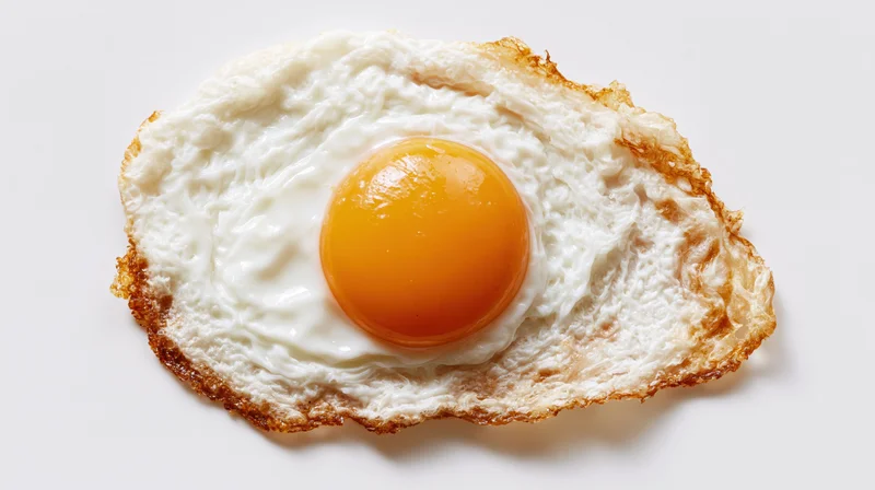 Single fried egg with runny yolk and crispy edges shot from directly above on plain white surface