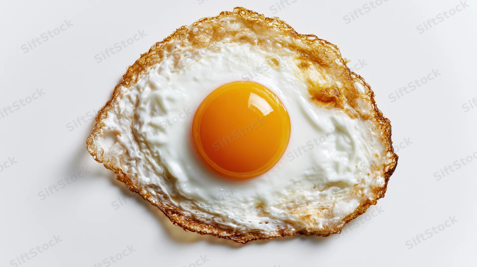 Fried egg with runny yolk and crispy edges viewed from directly above on white surface