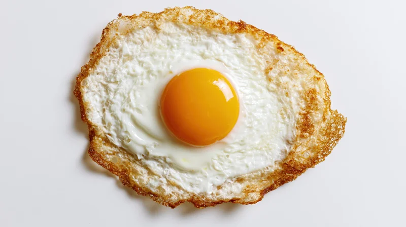 Single fried egg viewed from above on a plain white surface