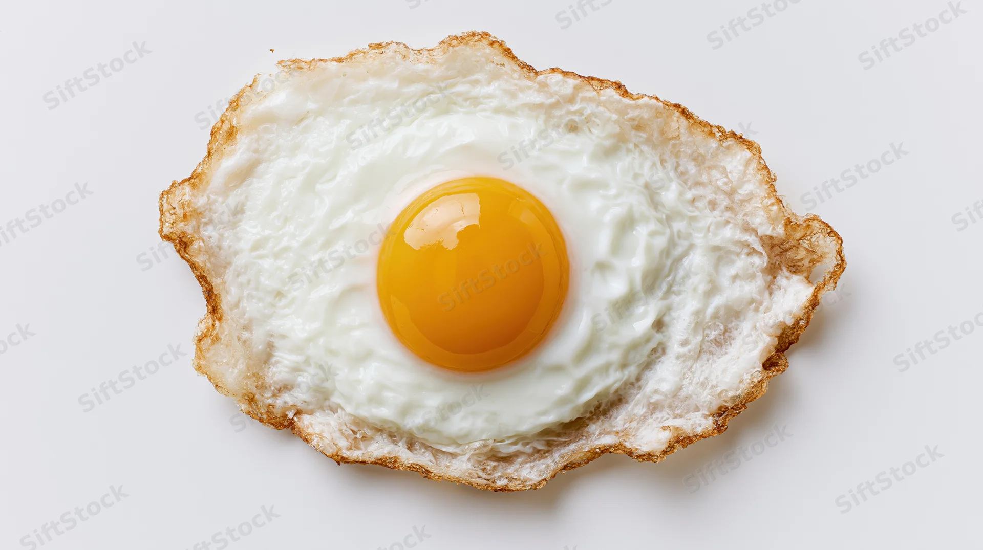 Single fried egg with runny yolk centered on white background