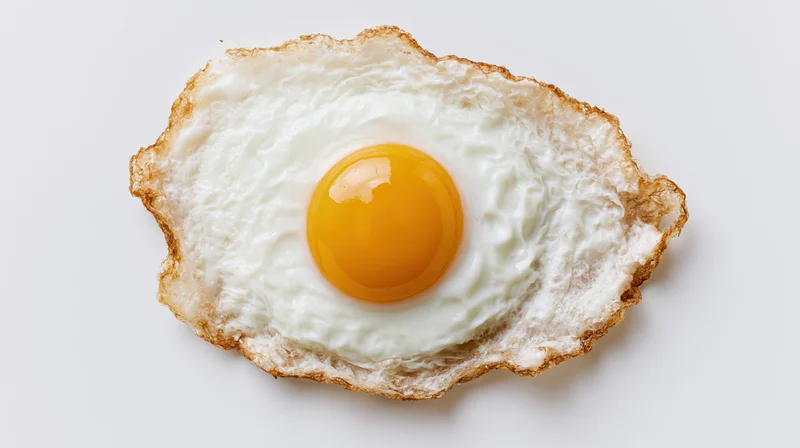 Single fried egg with runny yolk centered on white background