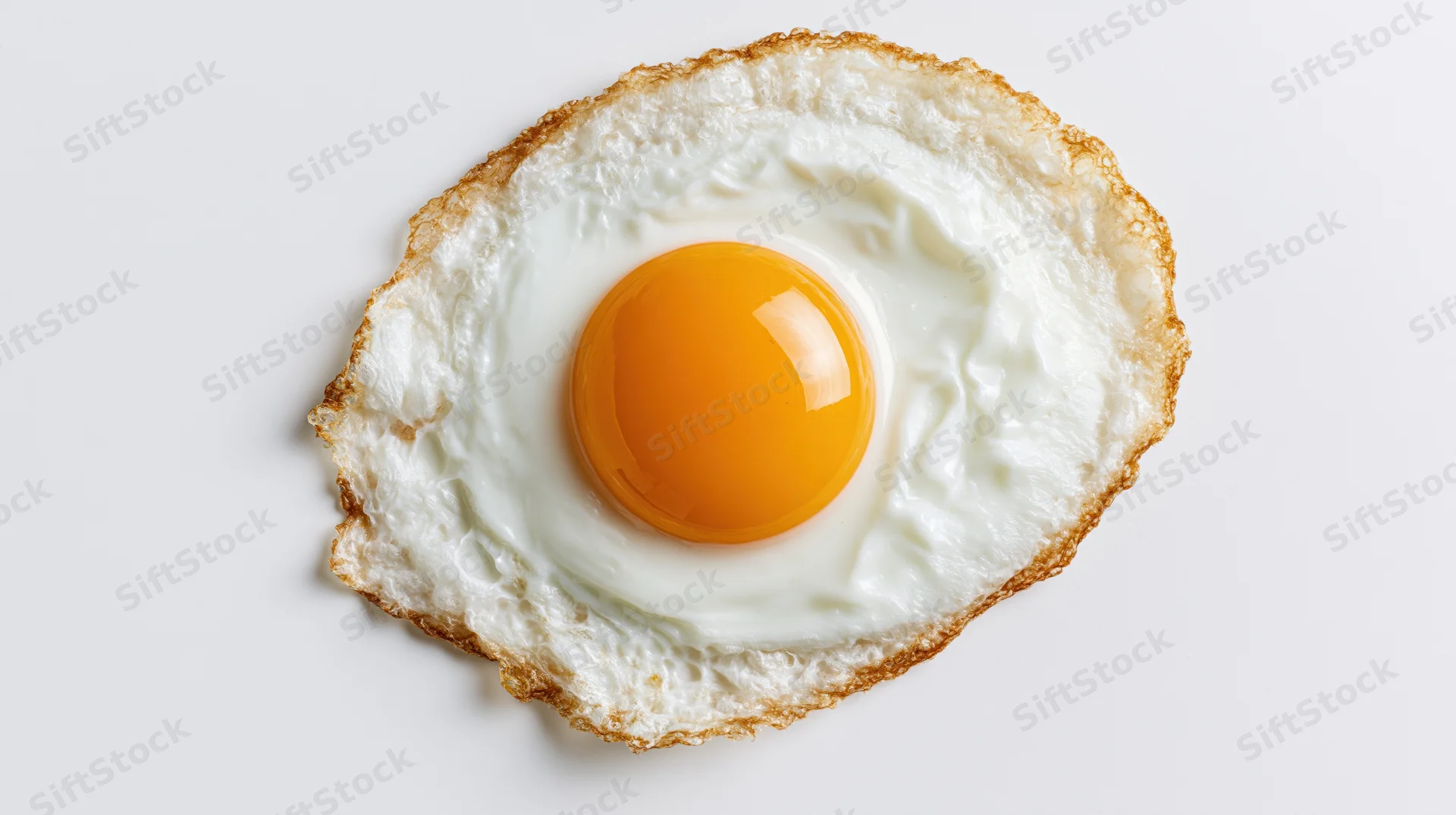 Single fried egg viewed from directly above on a plain white surface