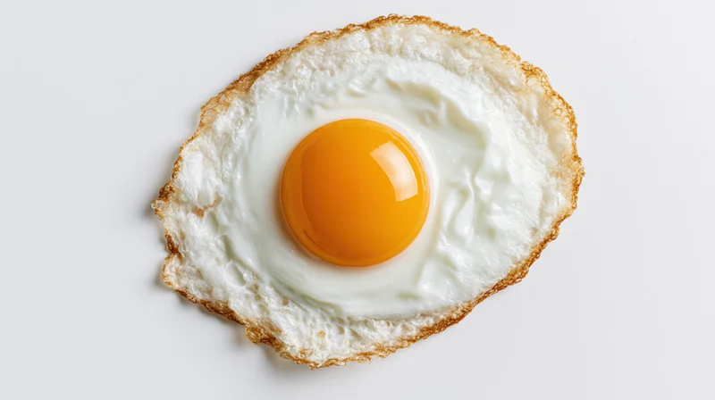 Single fried egg viewed from directly above on a plain white surface