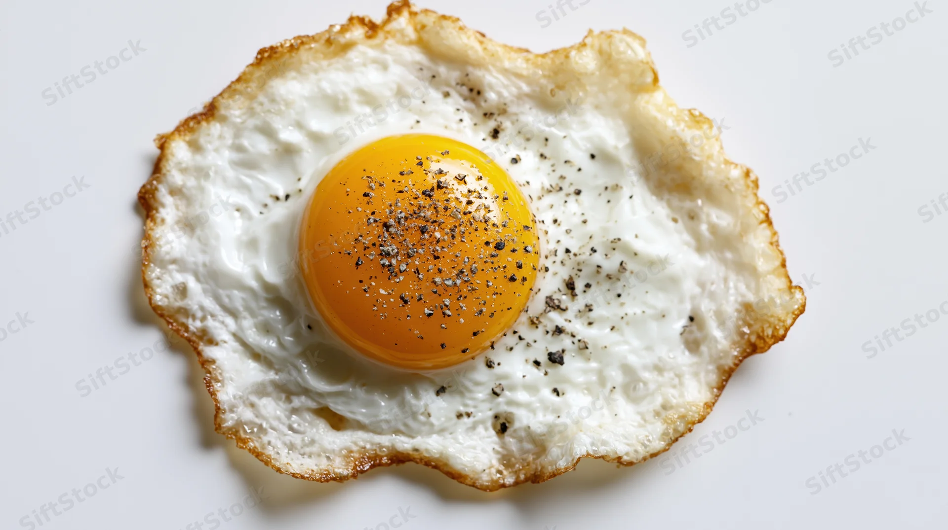 Single fried egg with crispy lace-edge white and seasoned yolk on white surface