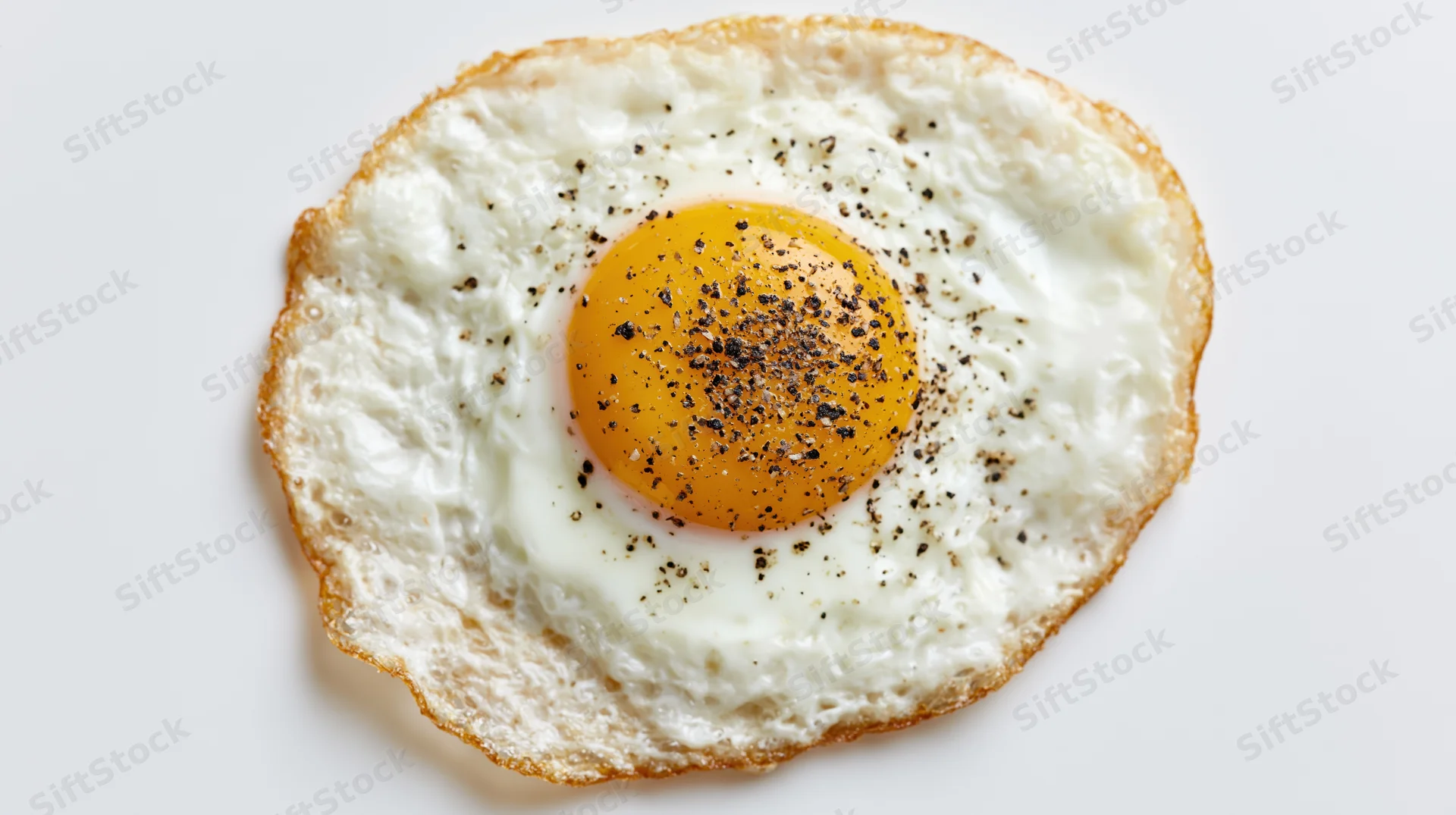 Single fried egg with crispy lace-edge white and yellow yolk overhead view on white background