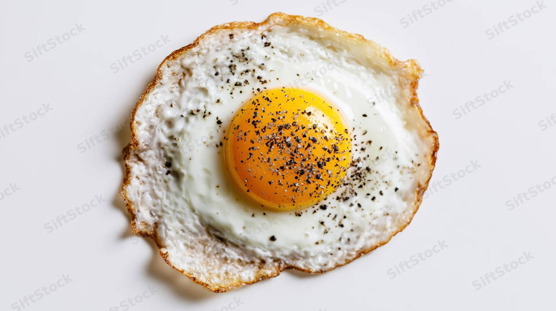 Single fried egg with crispy lace-edge white on plain white background