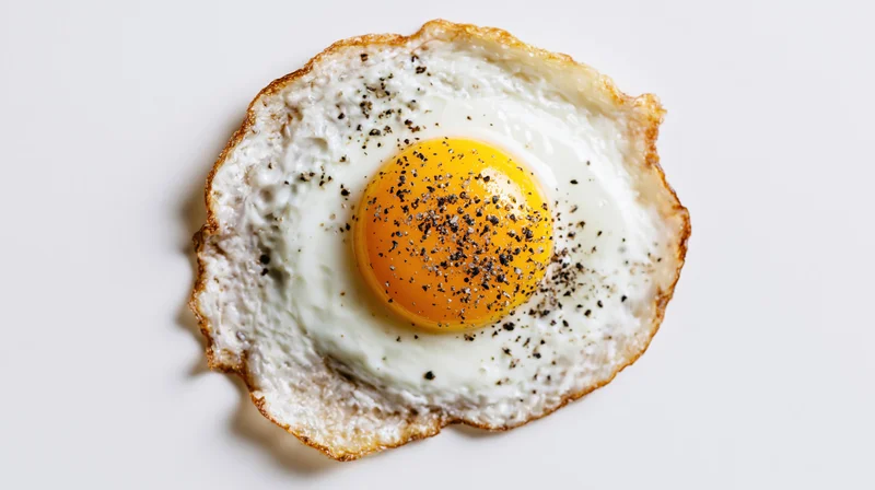 Single fried egg with crispy lace-edge white on plain white background
