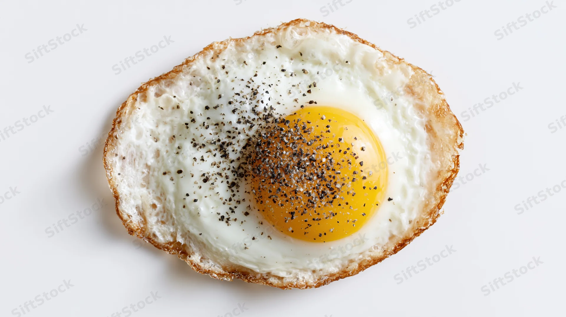 Single fried egg with crispy lace-edge white protein breakfast food overhead view