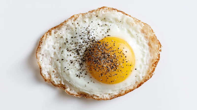 Single fried egg with crispy lace-edge white protein breakfast food overhead view