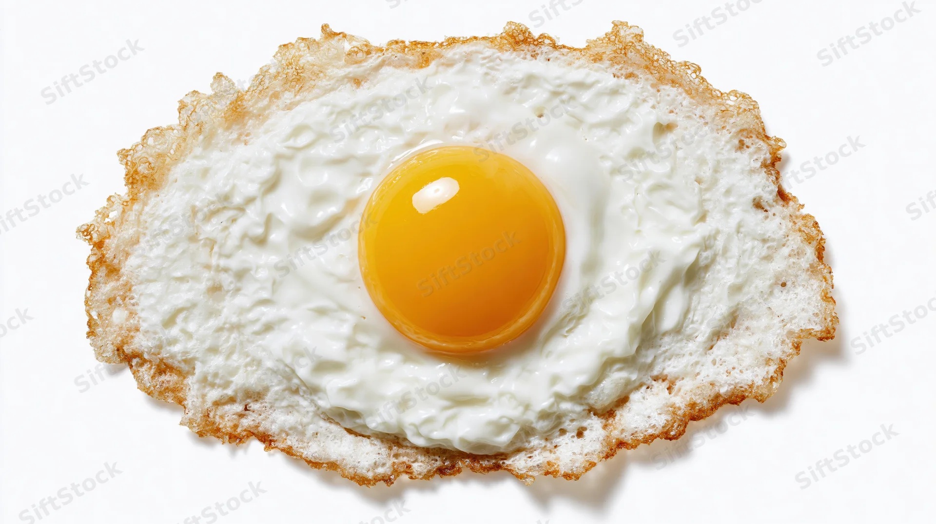 Fried egg with runny yolk and crispy edges viewed from directly above on white background