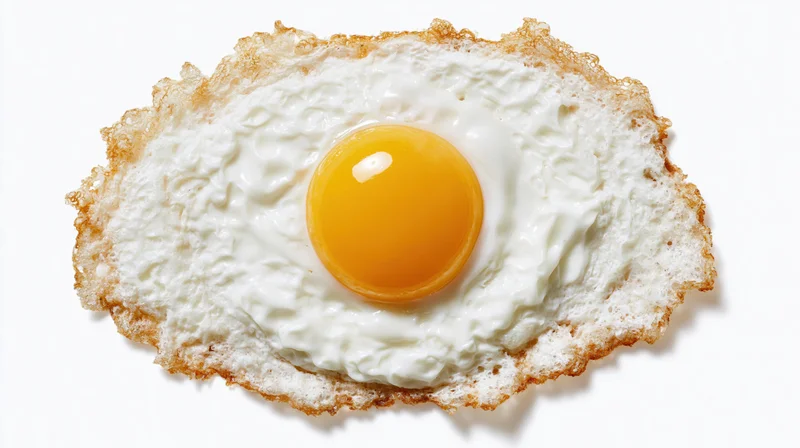 Single fried egg shot from directly overhead on bread