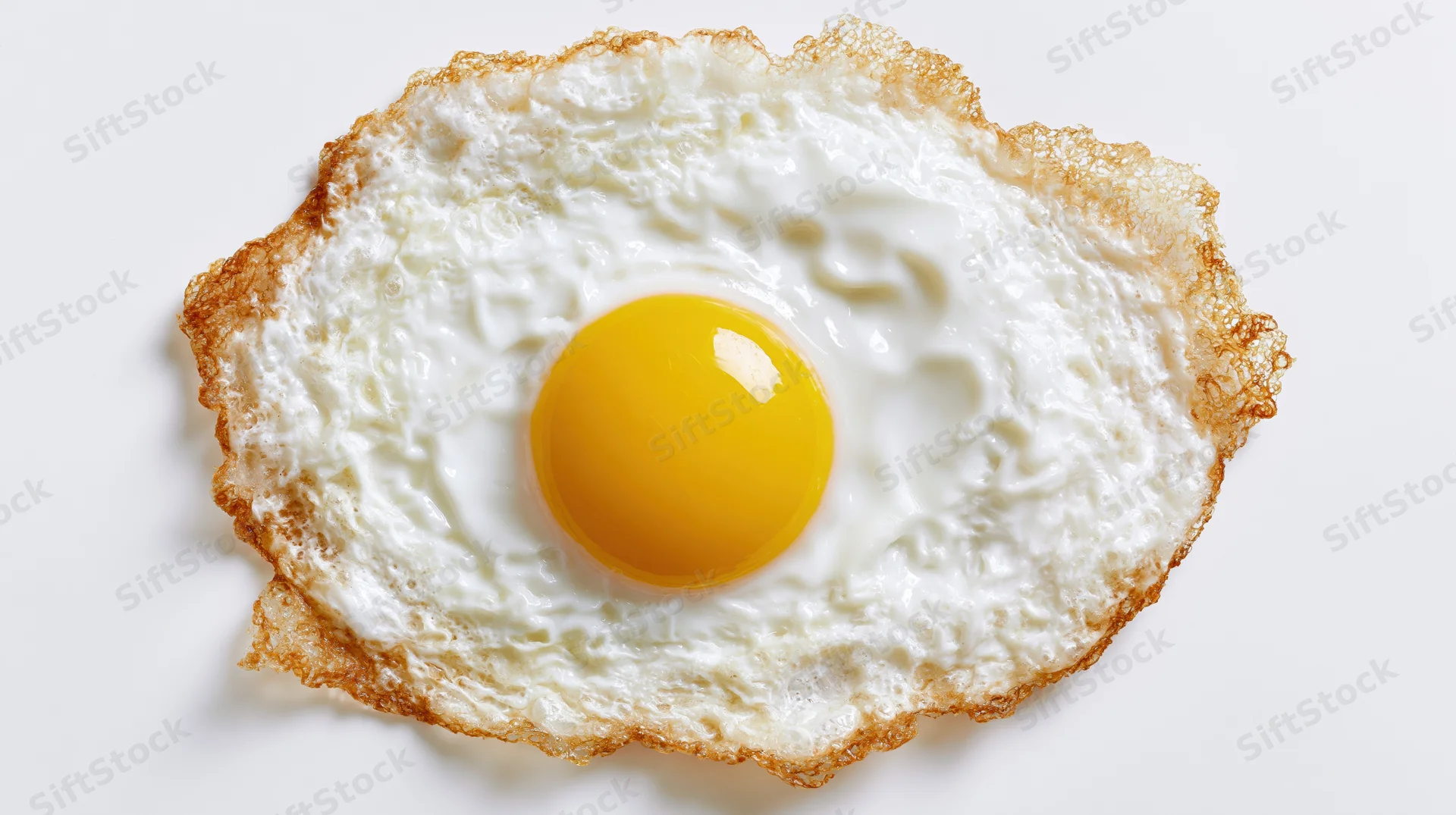 Single fried egg with runny yolk and crispy edges viewed from directly overhead on white background